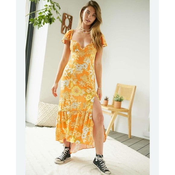 Urban Outfitters Orange Floral Midi Dress Open Back Criss Cross Size Small - Picture 2 of 8